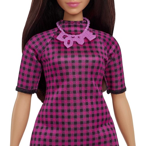 Mattel Barbie Fashionistas Doll 188, Curvy, Black Hair, Pink And Checkered Dress, Love Necklace, Sneakers FBR37 / HBV20 19473500