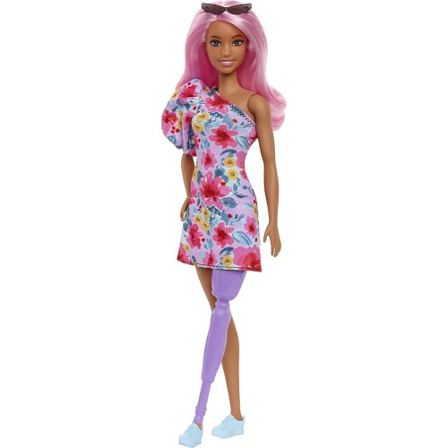 Mattel Barbie Fashionistas Doll 189, Pink Hair, Off-Shoulder Floral Dress, Sunglasses, Prosthetic Leg, Sneakers FBR37 / HBV21 19