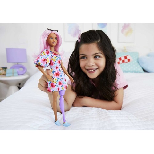 Mattel Barbie Fashionistas Doll 189, Pink Hair, Off-Shoulder Floral Dress, Sunglasses, Prosthetic Leg, Sneakers FBR37 / HBV21 19