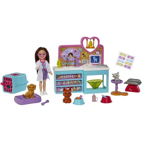 Mattel Barbie Chelsea Doll and Accessories, Pet Vet Playset With Doll, 4 Animals 18 Pieces HGT12 194735056972