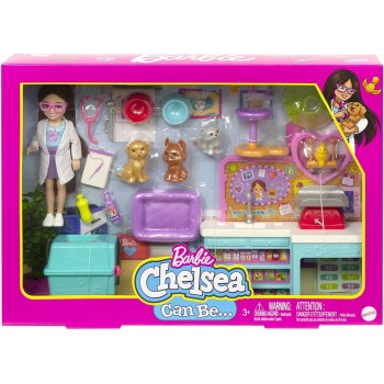 Mattel Barbie Chelsea Doll and Accessories, Pet Vet Playset With Doll, 4 Animals 18 Pieces HGT12 194735056972