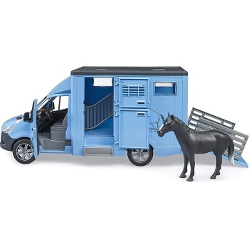 Bruder 02674 - Mercedes Sprinter Transport D'animaux - 1 Cheval Inclus - Échelle 1/16 - Portes Ouvrantes Et Rampe - Jeu De Ferme Et écurie