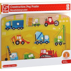 Hape Happy Puzzles Ξύλινο Παζλ Οχήματα Construction Peg E1407 6943478018686