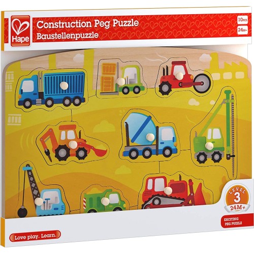Hape Happy Puzzles Ξύλινο Παζλ Οχήματα Construction Peg E1407 6943478018686