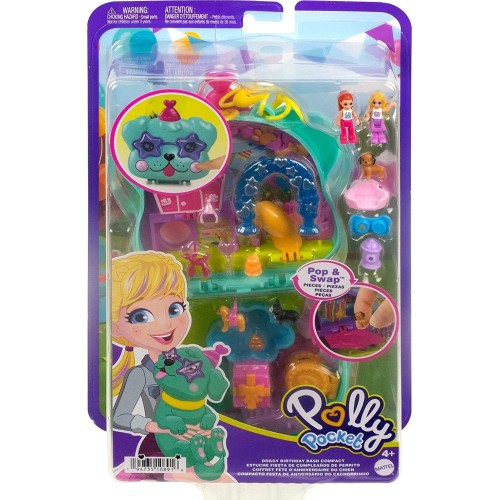 Mattel Polly Pocket Mini Toys, Doggy Birthday Bash Compact Playset With 2 Micro Dolls FRY35 / HKV30 194735108916