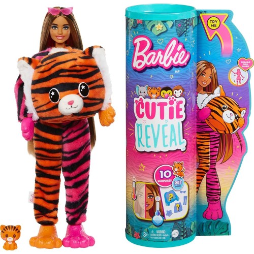 Mattel Barbie Dolls And Accessories, Cutie Reveal Doll With Tiger Plush Costume HKP99 194735106561