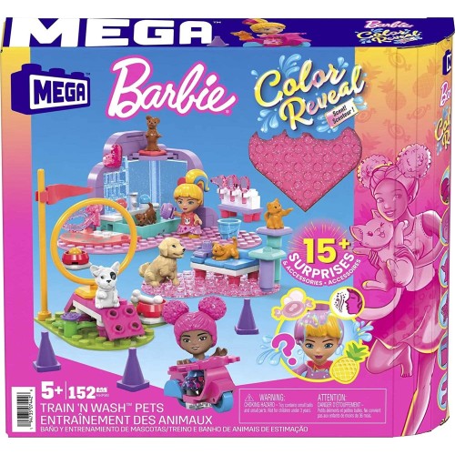 Mega Barbie Color Reveal Building Toys, Train N Wash Pets HHP89 194735074426
