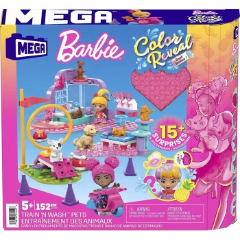 Mega Barbie Color Reveal Building Toys, Train N Wash Pets HHP89 194735074426