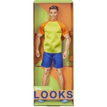 Mattel Barbie-Ken Doll, Barbie Looks, Brown Hair With A Beard, Color Block-T-Shirt And Blue Shorts, Light Blue Sneakers HJW85 19