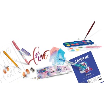 Giotto Art Lab: Fancy Lettering Creative Writing Kit - 1 Canson Block For Lettering + 10 Turbo Brush Markers + 12  Mini Watercol