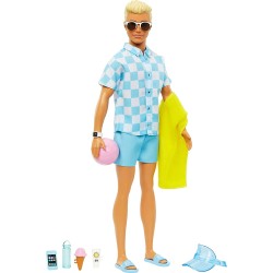 Mattel Blonde Ken Doll With Blue Button Down And Swim Trunks, Visor, Towel Bea HPL74 194735162437