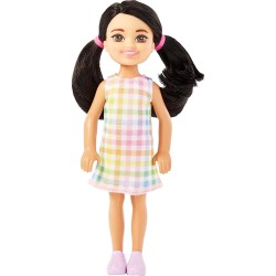 Mattel Barbie Chelsea Doll, Small Doll With Black Hair in Pigtails and Brown Eyes Wearing Removable Plaid Dress Pink Shoes DWJ33