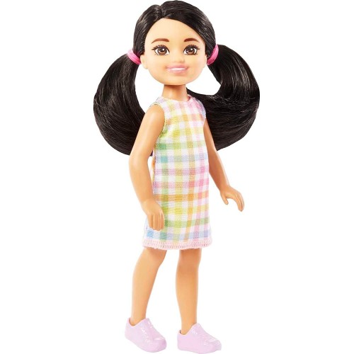 Mattel Barbie Chelsea Doll, Small Doll With Black Hair in Pigtails and Brown Eyes Wearing Removable Plaid Dress Pink Shoes DWJ33