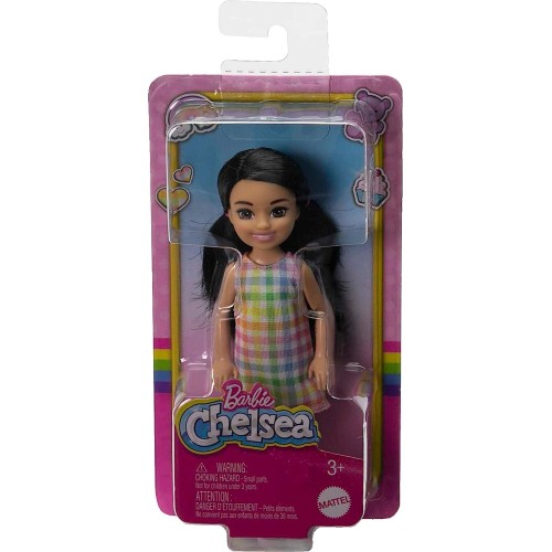 Mattel Barbie Chelsea Doll, Small Doll With Black Hair in Pigtails and Brown Eyes Wearing Removable Plaid Dress Pink Shoes DWJ33