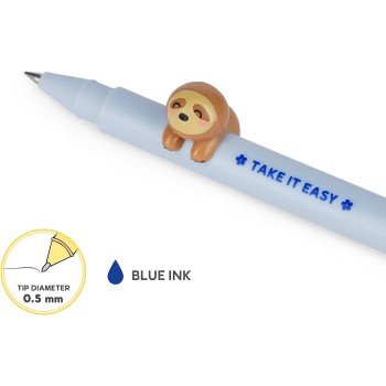 Legami Gel Pen With Decorative Animal, Avoid Rolling, Blue Ink, Removable And Recombinable Animal, 0.5 Mm Tip, Sloth Theme CPP00