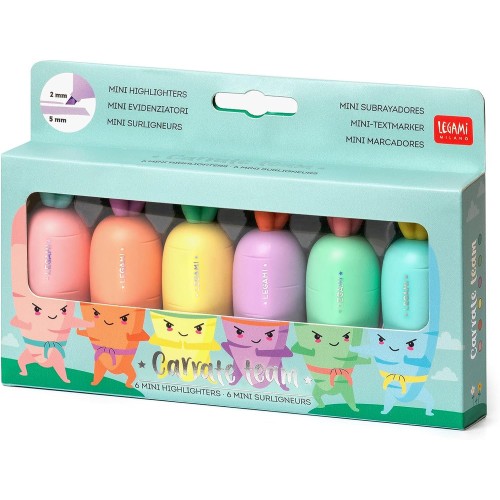 Legami Set Of 6 Mini Highlighters, Carrate Team, Carrot Shaped Highlighters And Erasable Gel Pen, Ball On End To Remove Ink HC00