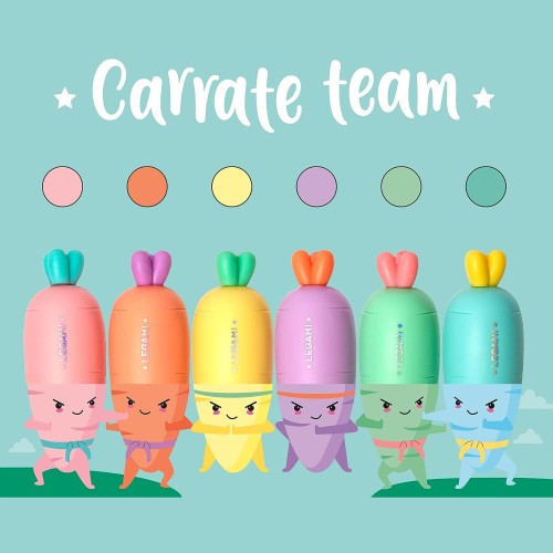 Legami Set Of 6 Mini Highlighters, Carrate Team, Carrot Shaped Highlighters And Erasable Gel Pen, Ball On End To Remove Ink HC00