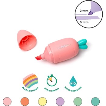Legami Set Of 6 Mini Highlighters, Carrate Team, Carrot Shaped Highlighters And Erasable Gel Pen, Ball On End To Remove Ink HC00