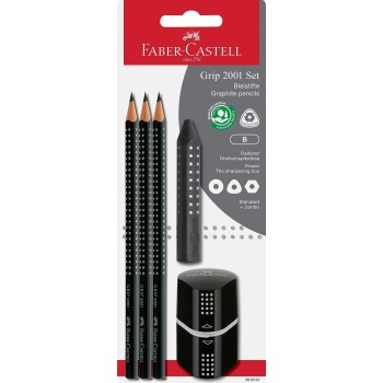 Faber-Castell 3 Μολύβια Grip HB Με Τριπλή Ξύστρα Και Γόμα Μαύρα 580024 4005405800244