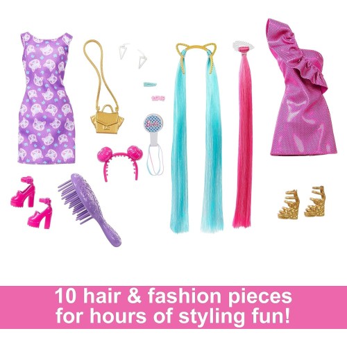 Mattel Barbie Doll, Fun & Fancy Hair With Extra-Long Colorful Blonde Hair And Glossy Pink Dress JDC85 194735281183