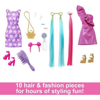Mattel Barbie Doll, Fun & Fancy Hair With Extra-Long Colorful Blonde Hair And Glossy Pink Dress JDC85 194735281183