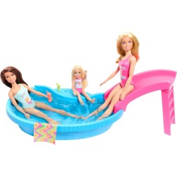 Mattel Barbie Doll And Pool Playset, Blonde In Tropical Pink One-Piece Swimsuit With Pool, Slide, Towel And Drink Accessories HR