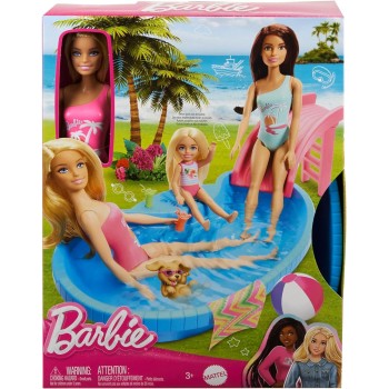 Mattel Barbie Doll And Pool Playset, Blonde In Tropical Pink One-Piece Swimsuit With Pool, Slide, Towel And Drink Accessories HR