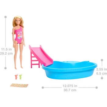Mattel Barbie Doll And Pool Playset, Blonde In Tropical Pink One-Piece Swimsuit With Pool, Slide, Towel And Drink Accessories HR