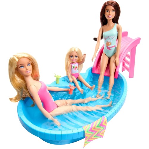 Mattel Barbie Doll And Pool Playset, Blonde In Tropical Pink One-Piece Swimsuit With Pool, Slide, Towel And Drink Accessories HR