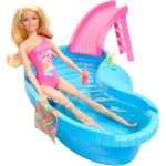 Mattel Barbie Doll And Pool Playset, Blonde In Tropical Pink One-Piece Swimsuit With Pool, Slide, Towel And Drink Accessories HR