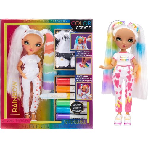MGA Entertainment Rainbow High Colour & Create Fashion DIY Doll - Green Eyes, Pig Tails, Bonus Top & Shoes, And Washable Rainbow