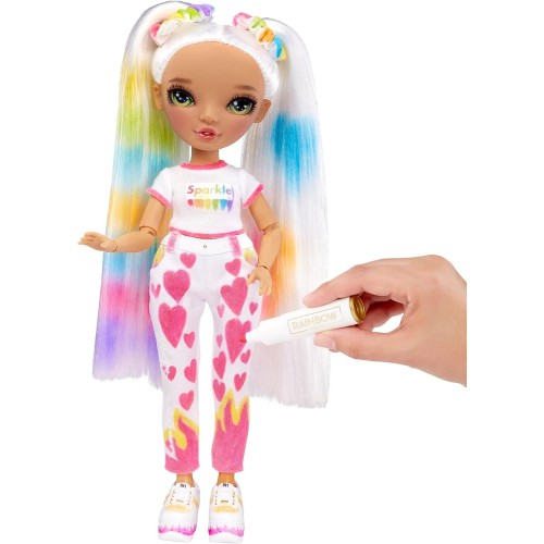 MGA Entertainment Rainbow High Colour & Create Fashion DIY Doll - Green Eyes, Pig Tails, Bonus Top & Shoes, And Washable Rainbow