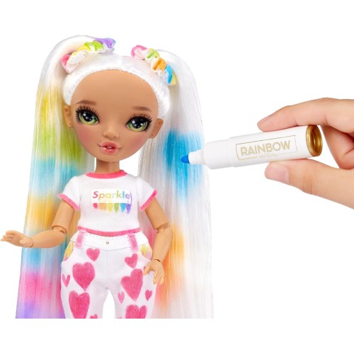 MGA Entertainment Rainbow High Colour & Create Fashion DIY Doll - Green Eyes, Pig Tails, Bonus Top & Shoes, And Washable Rainbow