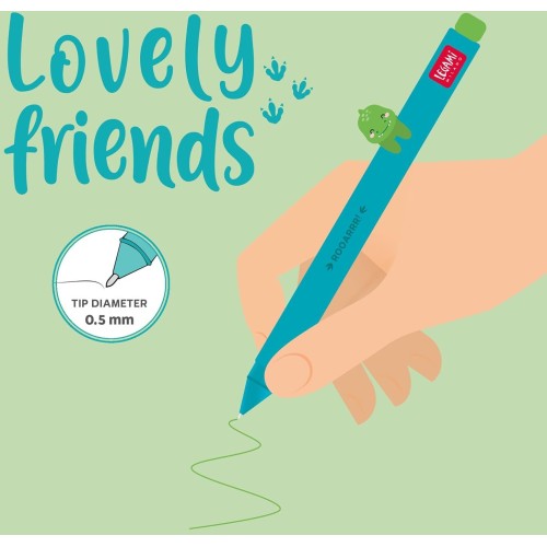 Legami - Gel Pen With Decorative Animal - Lovely Friends, Avoid Rolling, Green Ink, Removable And Recombinable Animal, 0.5 Mm Ti