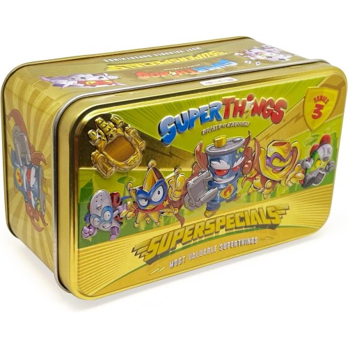 As company Superzings Superthings Series 3 Gold Tin Box Special Characters, Includes The Ultra-Rare Superthing And Superbot Fury