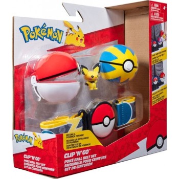Jazwares Pokemon - Clip N Go Poke Ball With Belt W15 Pichu With Poke Ball, Quick Ball, And Electric-Type Themed Belt Pkw3643, JW