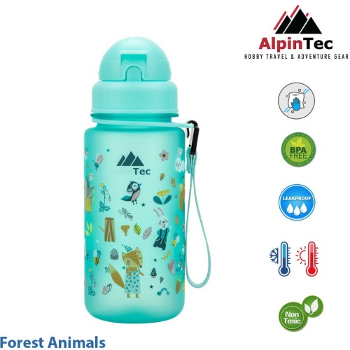 AlpinTec Water Canteen Kids 400Ml With Straw Spindrift Blue-Forest Animals C-400-SPBFA 4891321283465