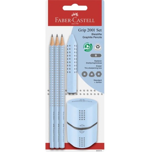 Faber-Castell 3 Μολύβια Grip Σιέλ Και Ξύστρα Grip Και Γόμα Grip 580074 4005405800749