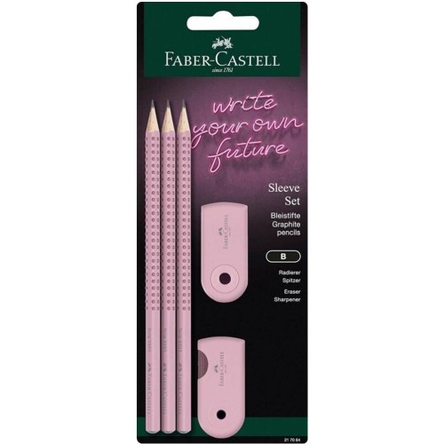 Faber-Castell 3 Pencils Pink Grip-Sleeve And Eraser And Sharpener 217084 4005402170845