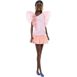 Mattel Barbie Fashionistas Doll 216 With Tall Body & Black Hair In Low Ponytail In Pink & Peach Party Dress, 65Th Anniversary Co