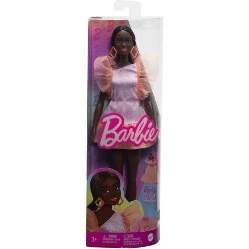 Mattel Barbie Fashionistas - Κούκλα 216 With Tall Body & Black Hair In Low Ponytail In Pink & Peach Party Dress, 65Th Anniversar