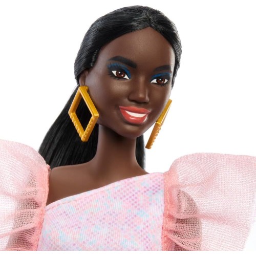 Mattel Barbie Fashionistas - Κούκλα 216 With Tall Body & Black Hair In Low Ponytail In Pink & Peach Party Dress, 65Th Anniversar