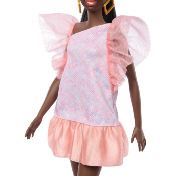 Mattel Barbie Fashionistas - Κούκλα 216 With Tall Body & Black Hair In Low Ponytail In Pink & Peach Party Dress, 65Th Anniversar