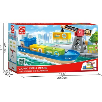 Hape Railway Ξύλινο Cargo Φορτηγό Πλοίο Και Γερανός E3792A 6943478039254