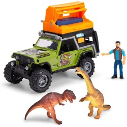 DICKIE TOYS Jeep Dino Camper Set - Green And Orange - Light And Sound Toy Vehicle W/Trailer, Action Figure And 2 Dinosaurs, 2038