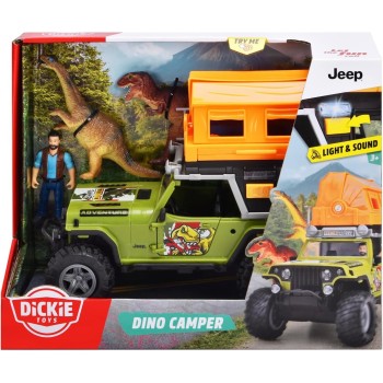 DICKIE TOYS Jeep Dino Camper Set - Green And Orange - Light And Sound Toy Vehicle W/Trailer, Action Figure And 2 Dinosaurs, 2038
