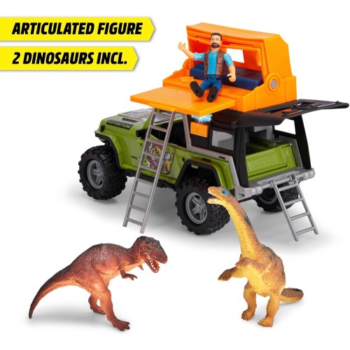 DICKIE TOYS Jeep Dino Camper Set - Green And Orange - Light And Sound Toy Vehicle W/Trailer, Action Figure And 2 Dinosaurs, 2038