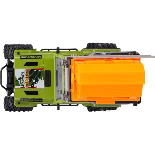 DICKIE TOYS Jeep Dino Camper Set - Green And Orange - Light And Sound Toy Vehicle W/Trailer, Action Figure And 2 Dinosaurs, 2038