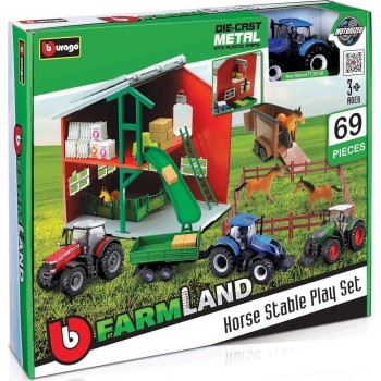 Bburago b18-31682 χωράφια playset στάβλος αλόγων με νέο τρακτέρ holland die cast v 18/31682 4893993316823