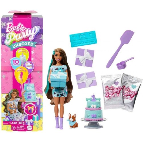 Mattel Barbie Party Unboxed Reveal Κούκλα Μελαχρινή Με Κόργκι JFG72 194735296514